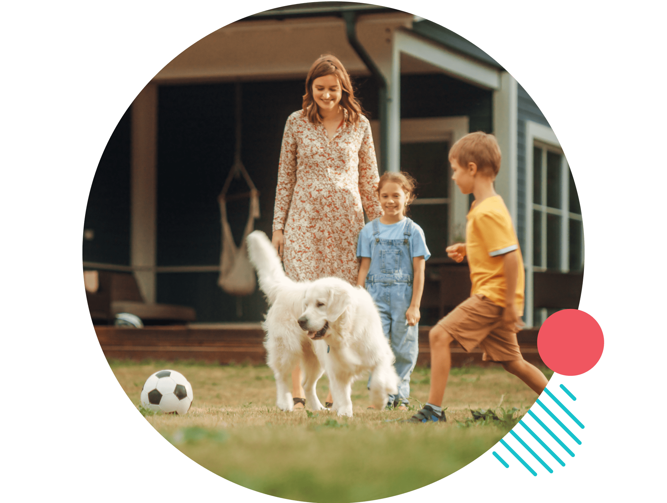 Joyful Young Couple with Kids, Playing Ball with an Energetic White Golden Retriever