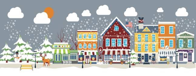 Cartoon snows cape of downtown buildings