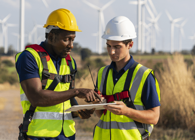 A black man points on a tablet device held by a white man. Both are wearing utility worker vests and hard hats, and standing by a van next to a wind power farm.