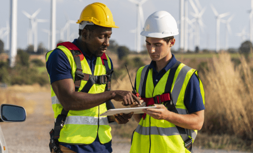 A black man points on a tablet device held by a white man. Both are wearing utility worker vests and hard hats, and standing by a van next to a wind power farm.